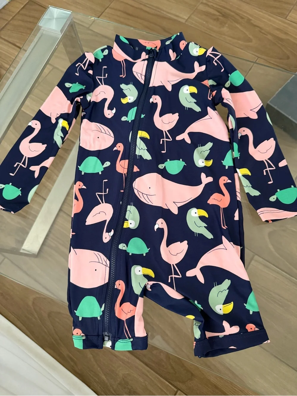 Carter's Navy Blue Pink Flamingo & Sea Animal Zip One-Piece Rashguard